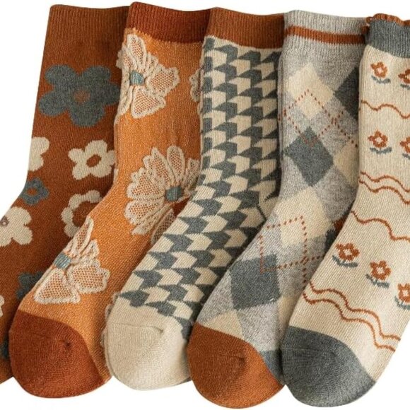 5/10 Pairs Wool Socks for Women Thick Knit Vintage Cute Floral Crew Socks - Picture 1 of 8